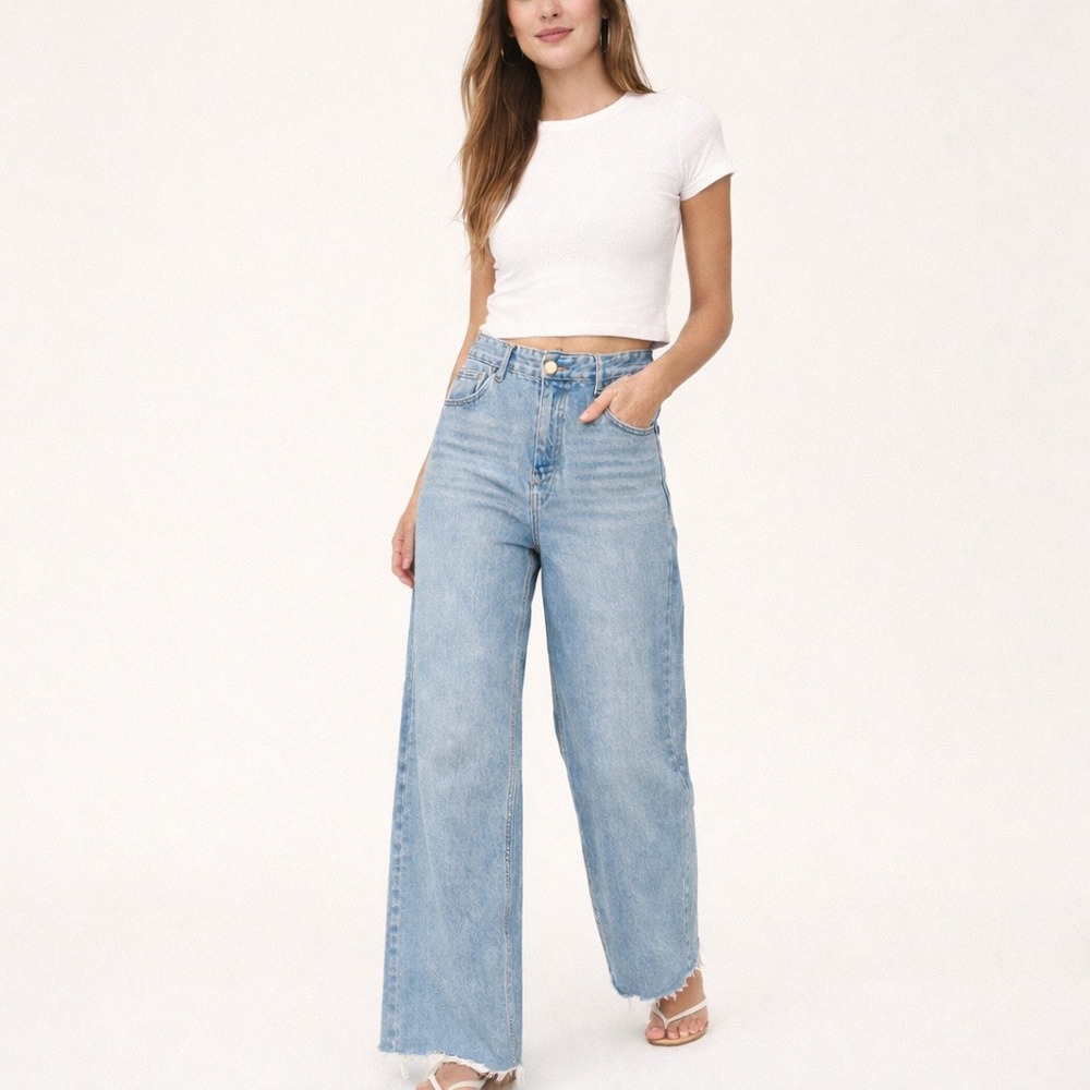 Nasty Gal Womens Blue Cotton Jeans 14 Wide Leg Raw Hem High Rise Organic